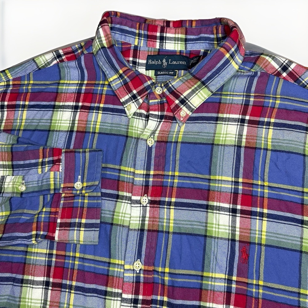 Polo Ralph Lauren Shirt Mens 4XLT Blue Red Plaid Button Long Sleeve Flannel OCBD